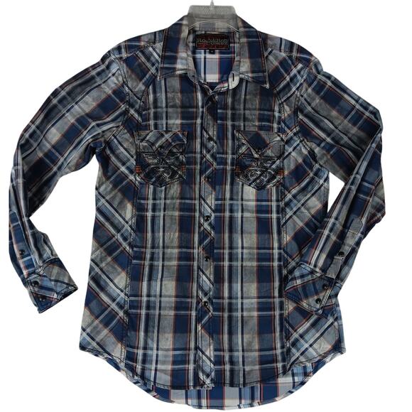 Rock & Roll Cowboy Western Shirt Mens M Smoke Plaid Blue Pearl Snap Embroidered - Picture 2 of 13